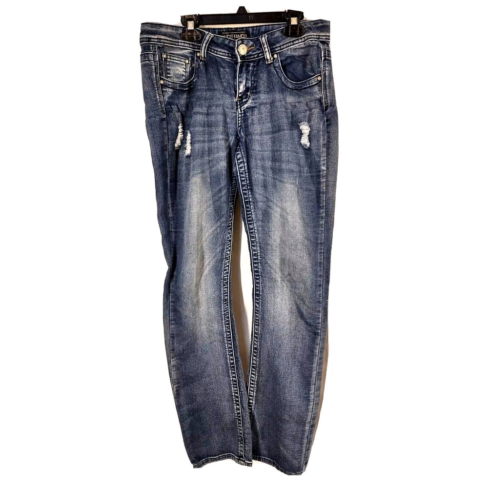 Almost Famous Jeans 9 Distressed Grunge Edgy Medium Wash Straight Leg Denim Blue